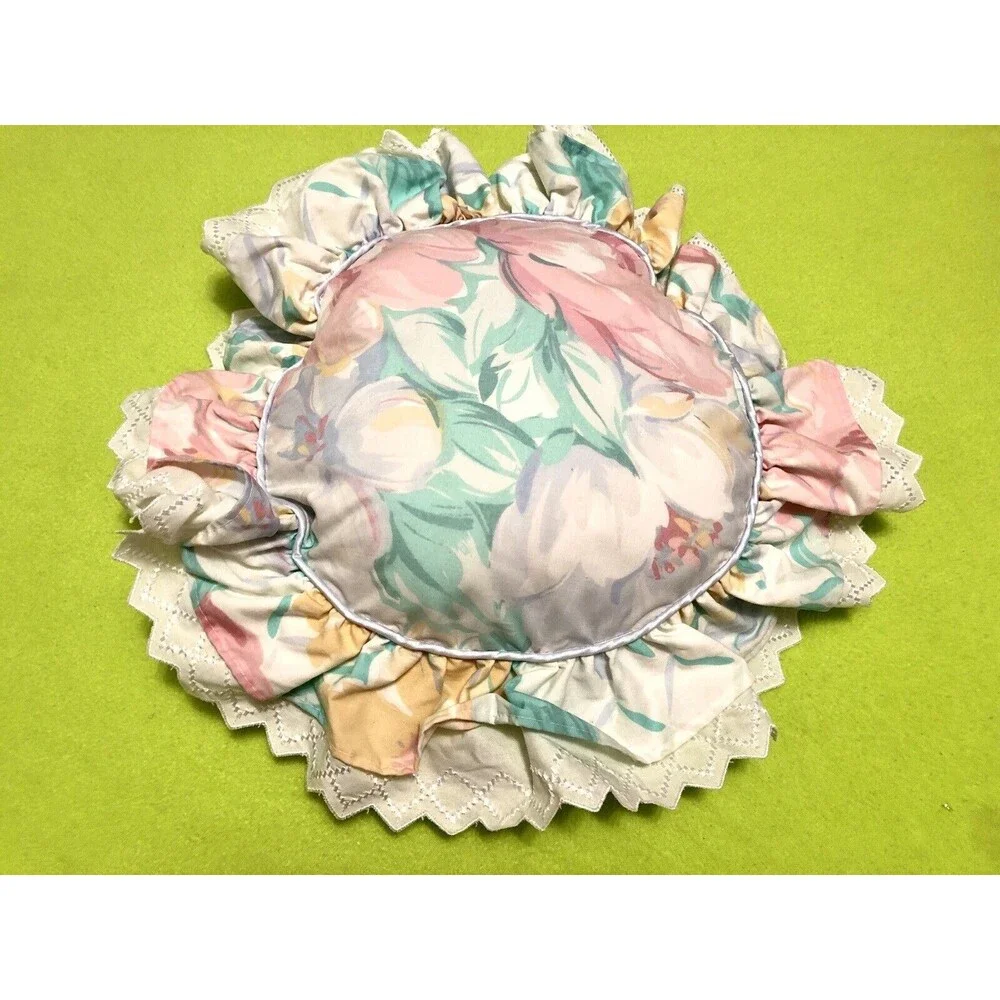 Circular Round Floral Flower Decorative Throw Pillows with Frill Pink Blue Green